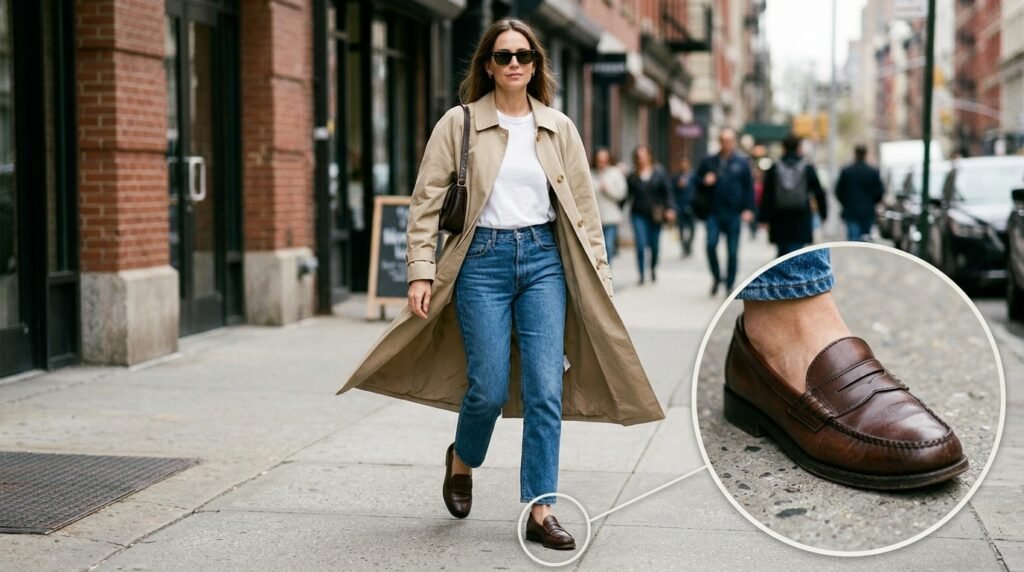 A woman walking outdoors wearing a trench coat, a white tee, ankle jeans, and leather loafers.