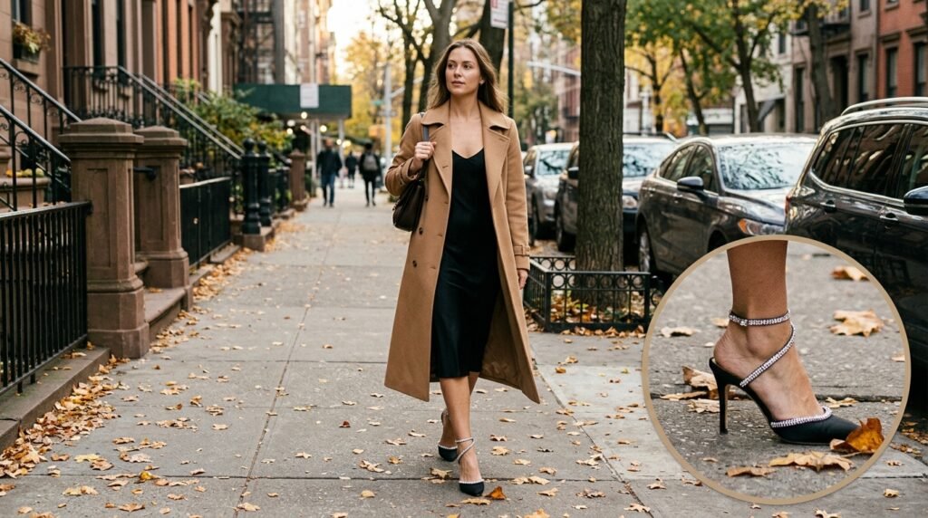 A woman walking outdoors wearing a slip dress, a camel trench coat, and crystal-strap heels.