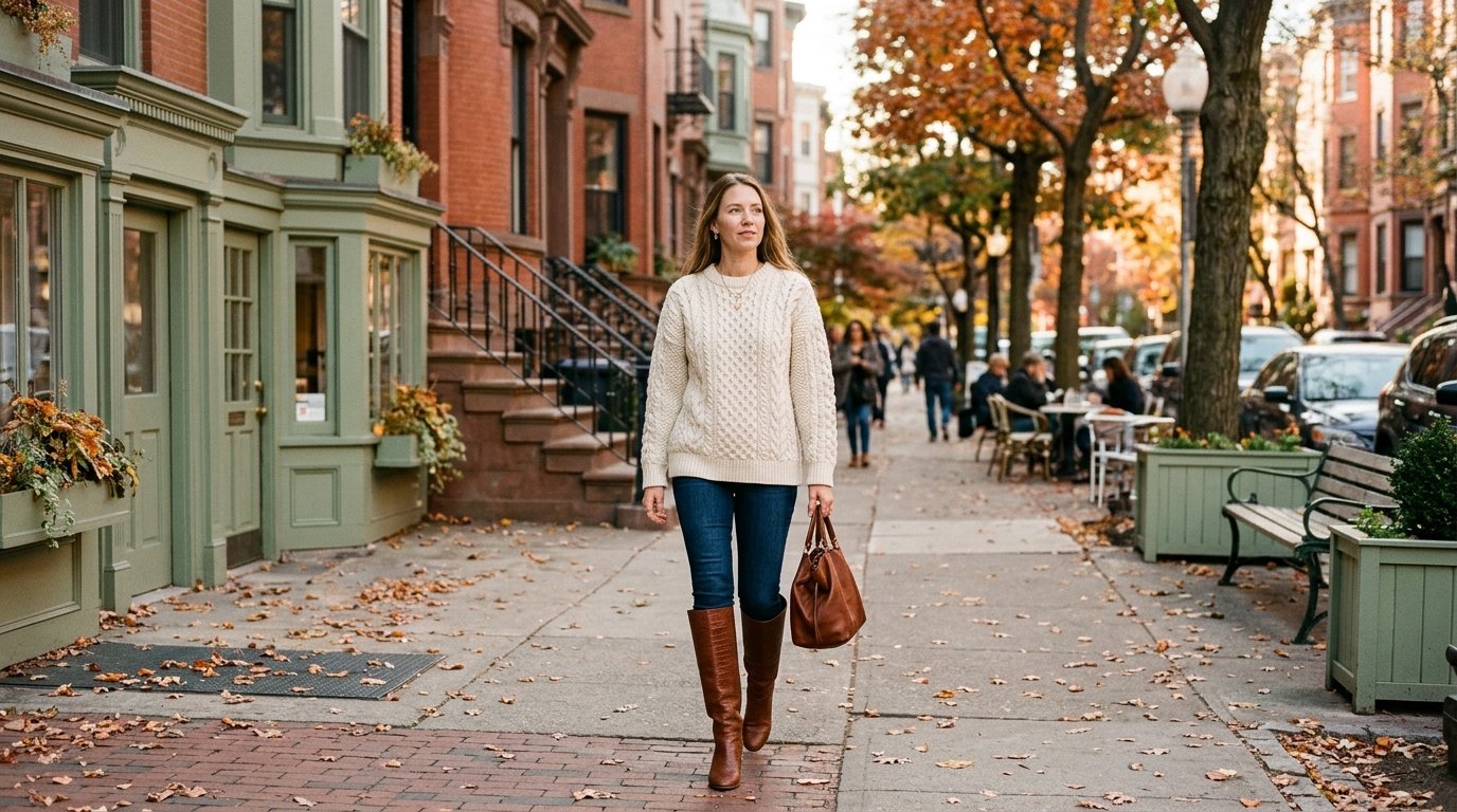 A stylish woman wearing a cream sweater, tucked jeans, and brown leather knee-high boots on an urban street.