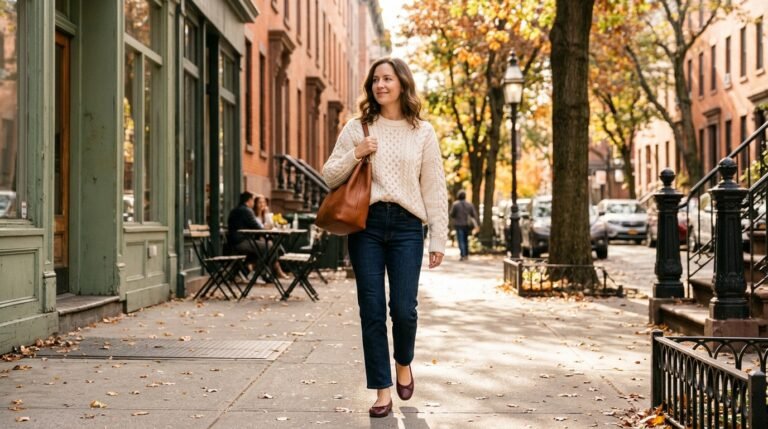 A stylish woman wearing a cream sweater, dark denim, and burgundy leather ballet flats on an urban street.