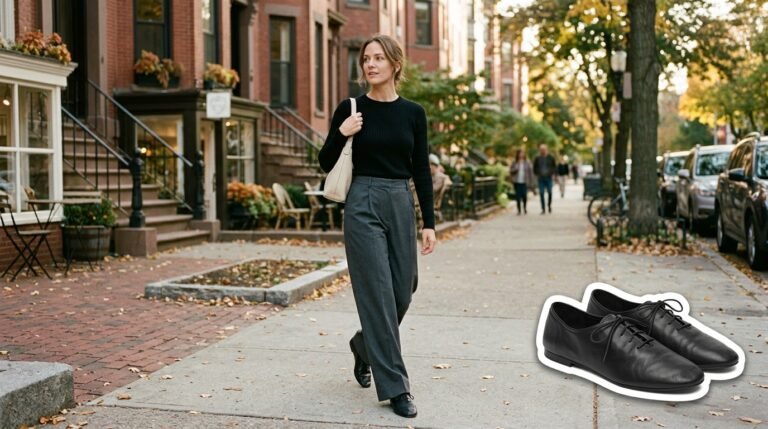 A stylish woman wearing grey tailored trousers, a black knit sweater, and black leather jazz flats on an urban street.