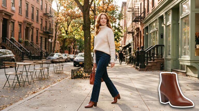 A stylish woman wearing a turtleneck, bootcut jeans, and pointed ankle boots on an urban street.