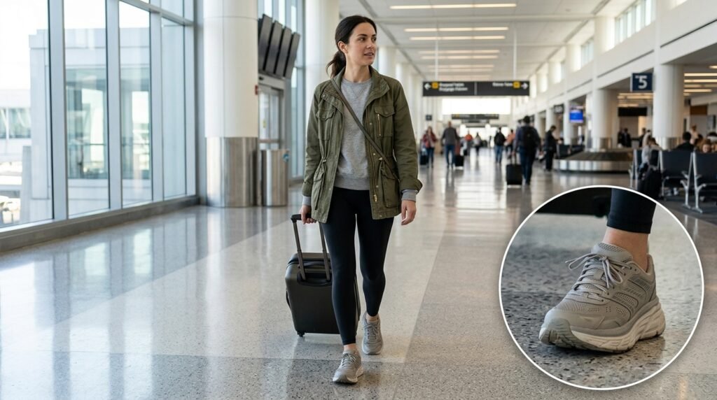 A woman walking in an airport corridor wearing leggings, a sweatshirt, and walking sneakers.