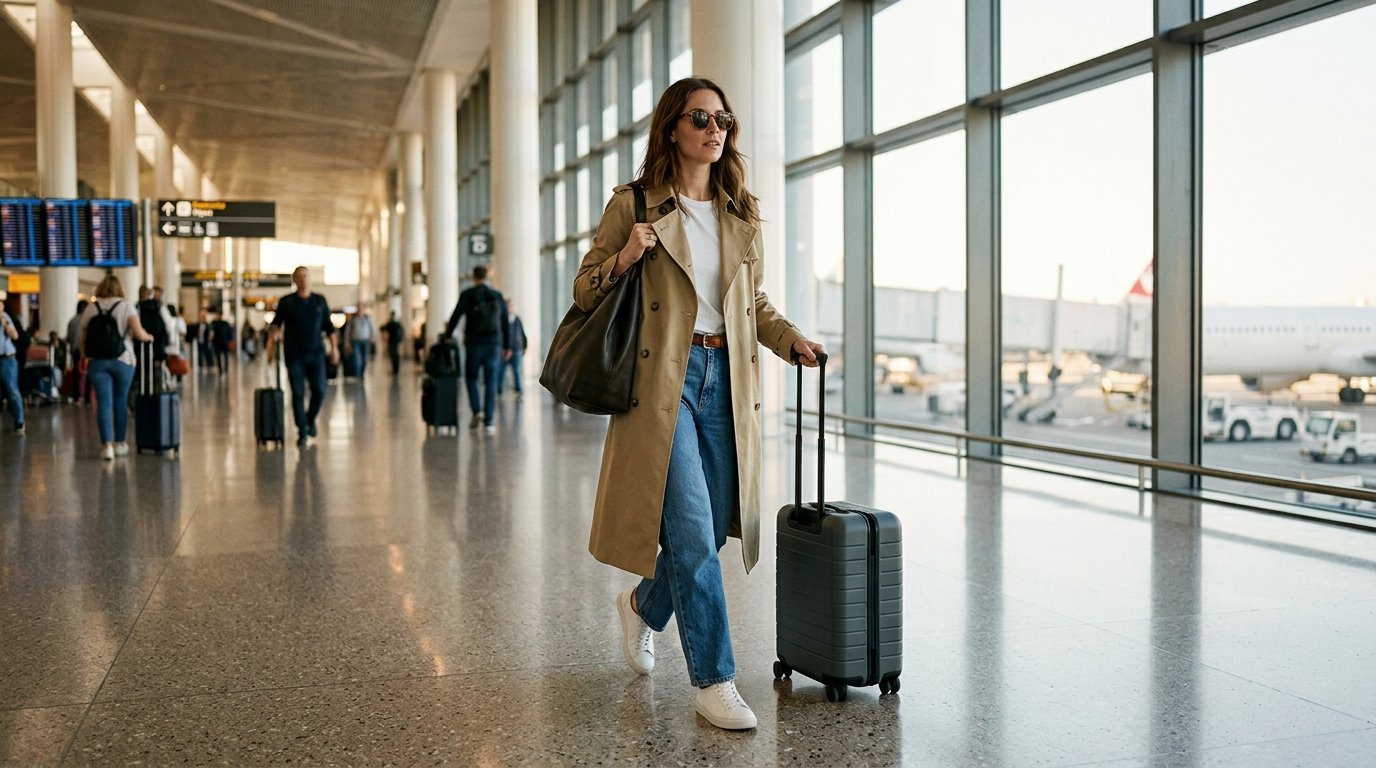 A woman walking through an airport terminal wearing jeans, a trench coat, and white sneakers.