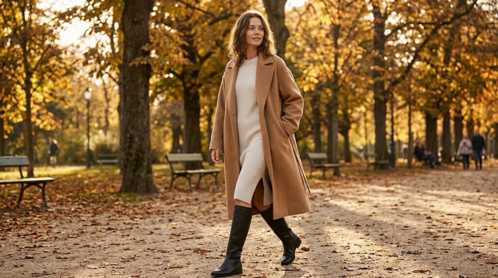 Smooth black knee-high boots worn with a knit dress and camel coat outdoors.