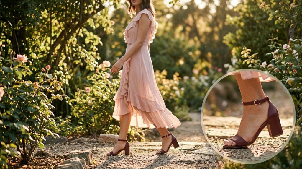 A woman walking outdoors in a blush pink ruffled dress and burgundy sandals.
