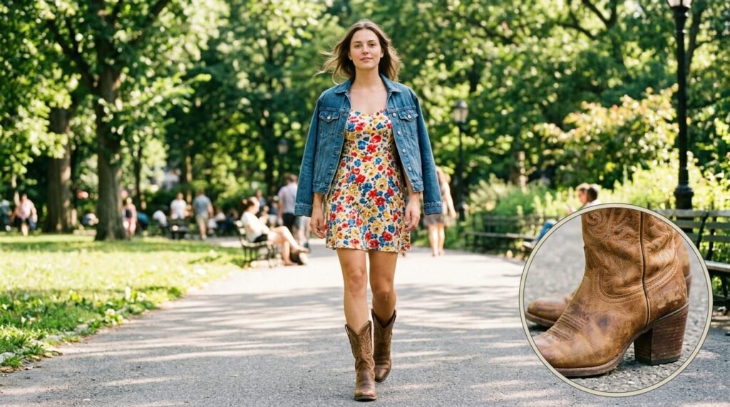 A woman walking in a park wearing a floral mini dress, a denim jacket, and cowgirl boots.
