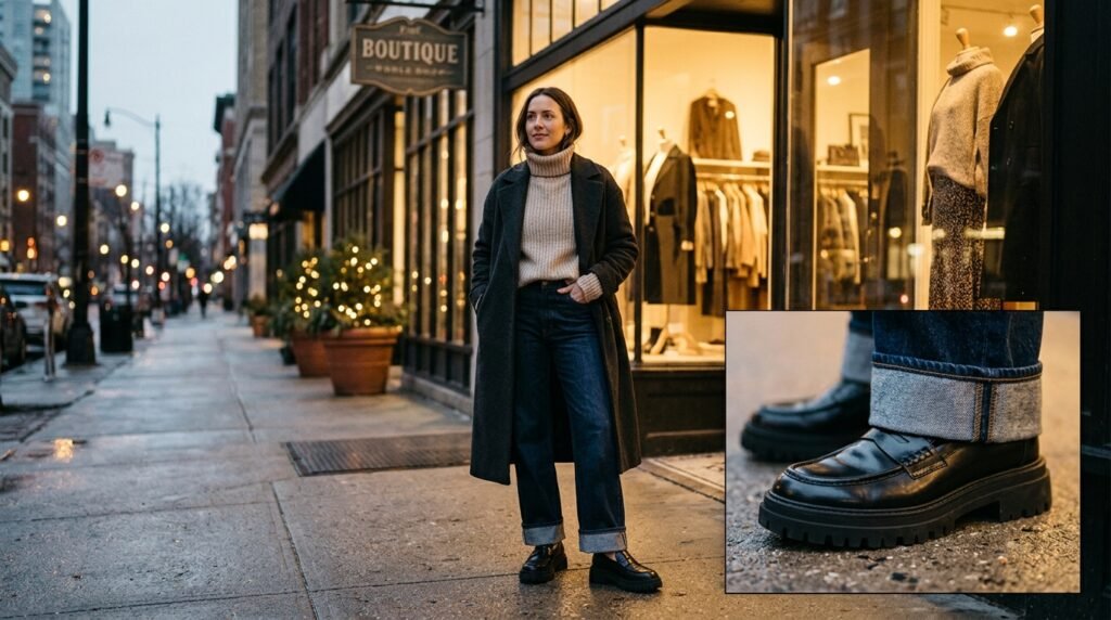 A woman standing outdoors wearing cuffed wide-leg jeans, a turtleneck, a coat, and lug-sole loafers.