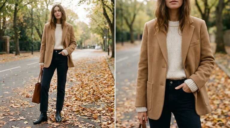 Fall outfit of the day with black ankle boots, cream knit and camel blazer