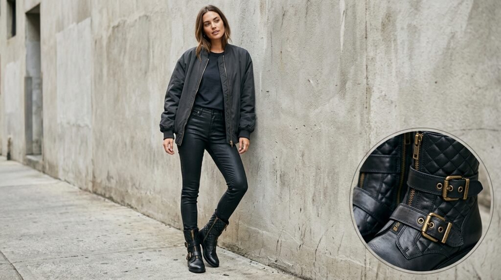 A woman wearing quilted leather boots, coated black jeans, and a bomber jacket against a wall.