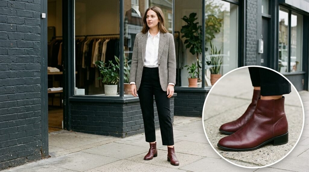 A woman standing outdoors wearing black trousers, a white shirt, a blazer, and burgundy boots.