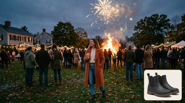 A stylish woman wearing a wool coat and waterproof Chelsea boots watching fireworks at a Bonfire Night event.