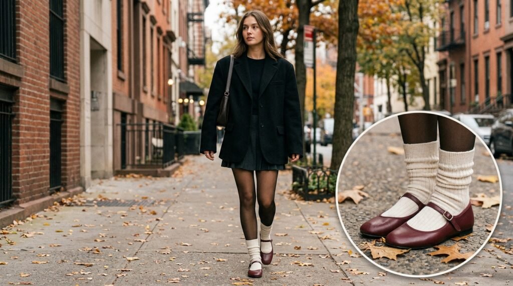 A woman wearing a black blazer, pleated mini skirt, sheer tights, crew socks, and burgundy Mary Janes.