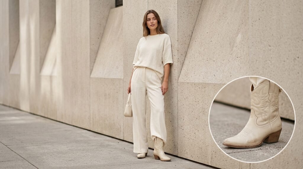 A woman wearing an all-cream outfit and coordinating Western boots against an architectural wall.