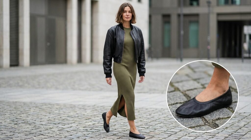 Emerald green silk midi dress paired with metallic champagne gold pointed-toe ballet flats.