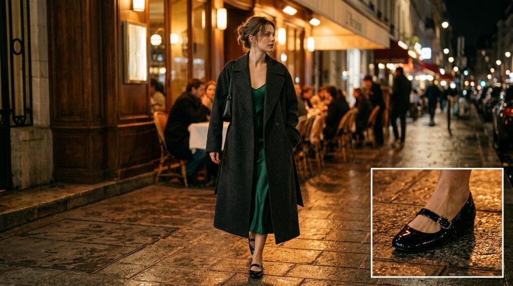 A woman wearing an emerald satin slip dress, a wool wrap coat, and black patent Mary Jane flats.