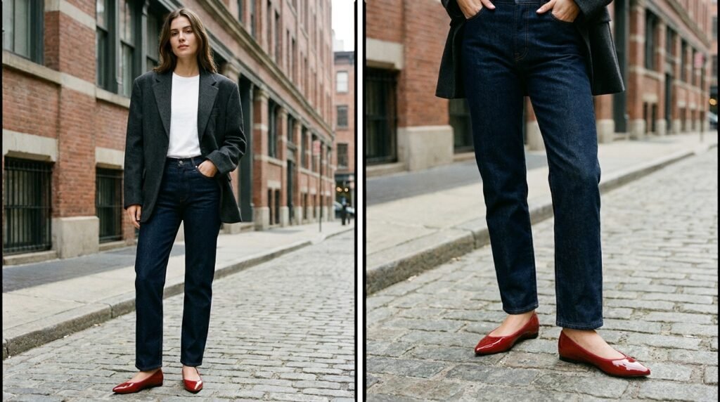 Stylish outfit featuring dark straight-leg jeans, an oversized blazer, and cherry red patent ballet flats.