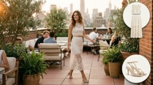 A stylish woman wearing a cream lace two-piece set and strappy heeled sandals on an urban rooftop terrace.