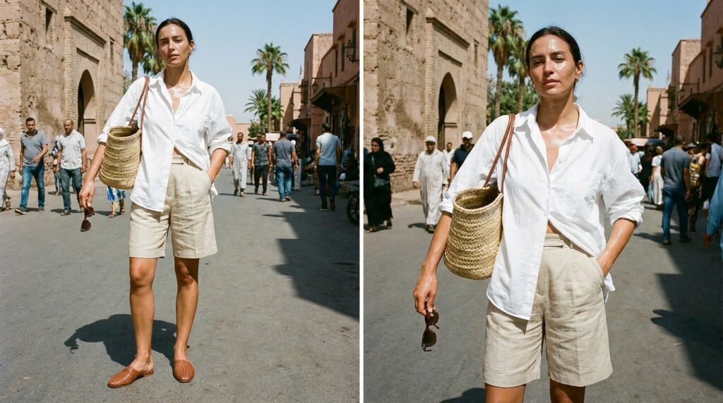 Tailored beige linen shorts and a white button-down shirt styled with woven cognac leather flats.