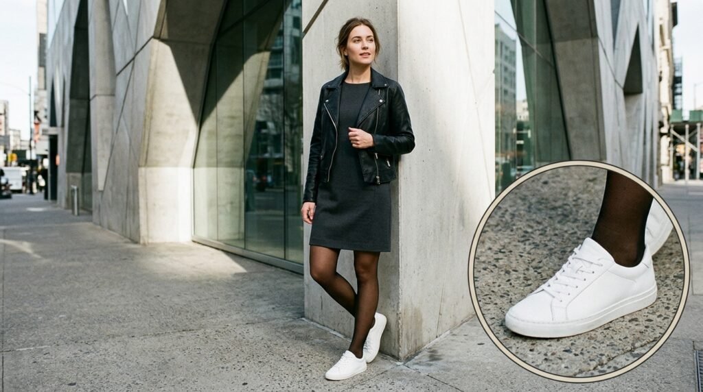 A woman wearing a shift dress, tights, a moto jacket, and white sneakers against a wall.