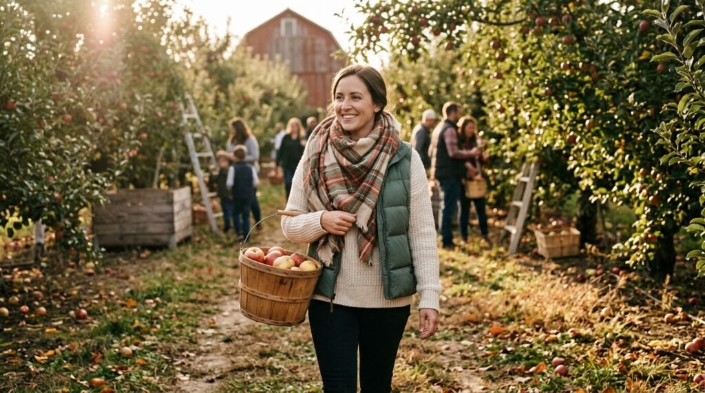 A woman wearing a cozy plaid scarf layered over a puffer vest in an autumn orchard.