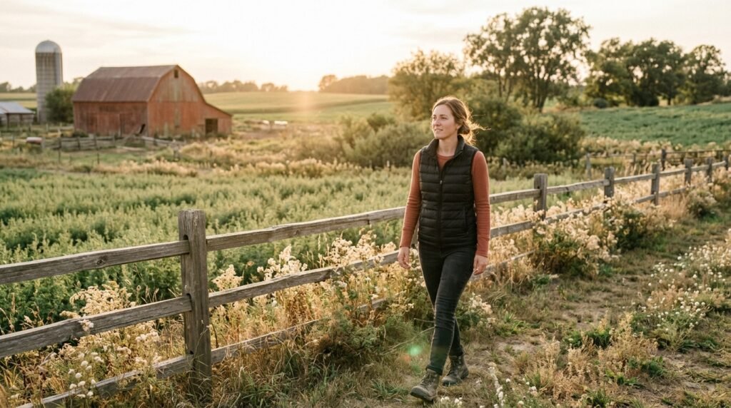 A woman wearing a black quilted puffer vest over a long-sleeve top in a sunny farm field.