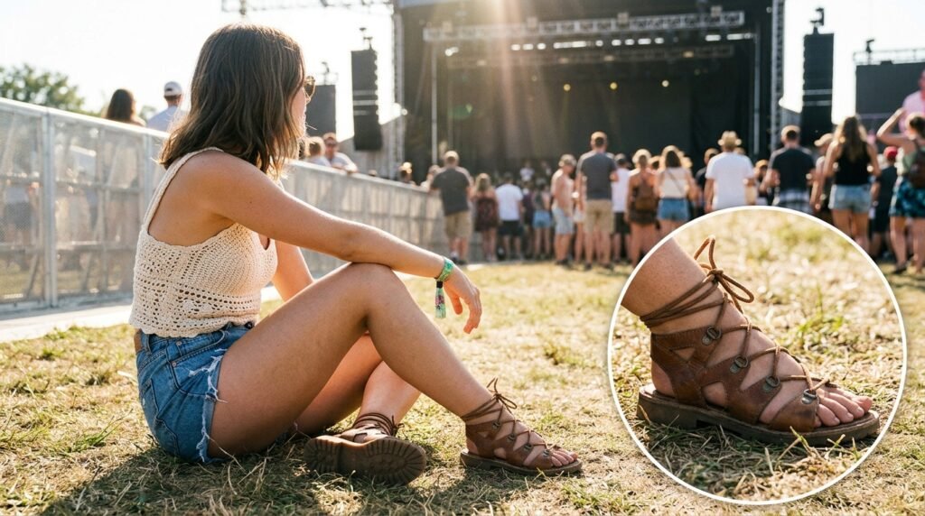 A woman at an outdoor concert wearing a crochet top, denim shorts, and lace-up sandals.