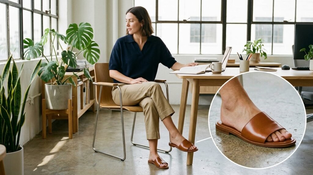 A woman wearing khaki cropped trousers, a navy knit polo, and brown slide sandals.