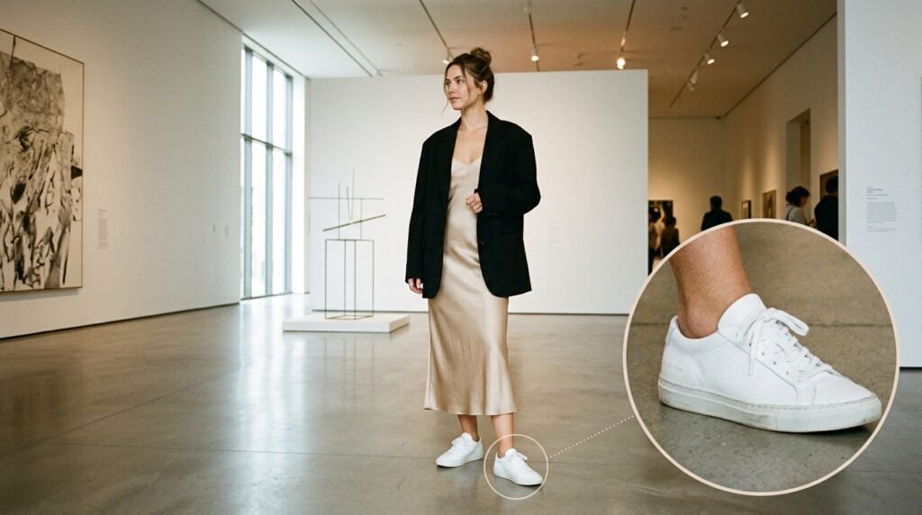 A woman in an art gallery wearing a satin midi slip dress, a black blazer, and white sneakers.