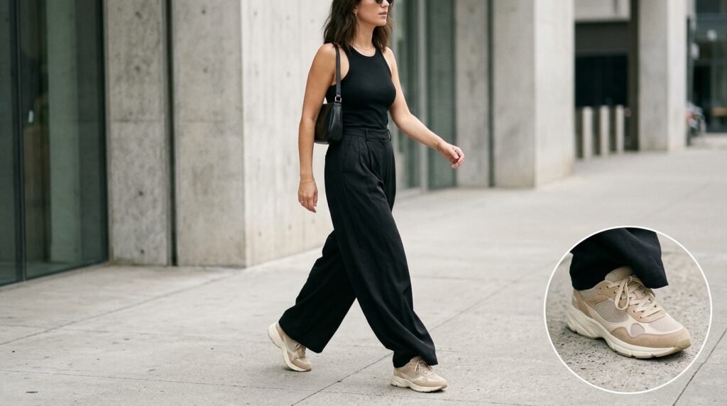 A woman wearing black wide-leg trousers, a fitted tank top, and neutral sneakers.