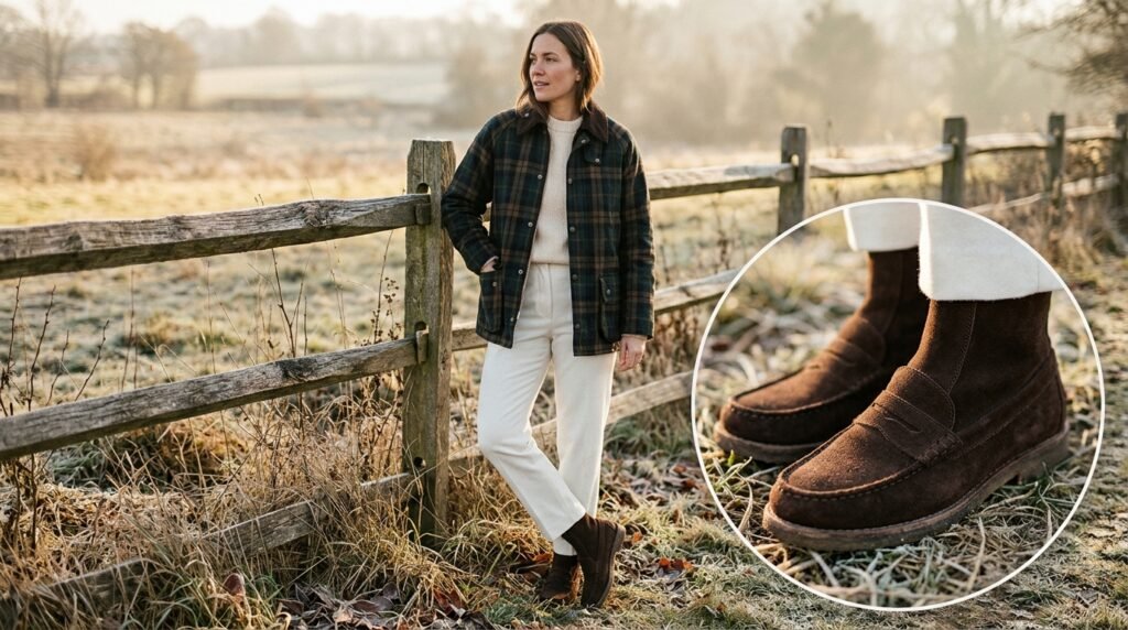 A woman wearing suede boots, winter-white trousers, and a plaid jacket near a fence.
