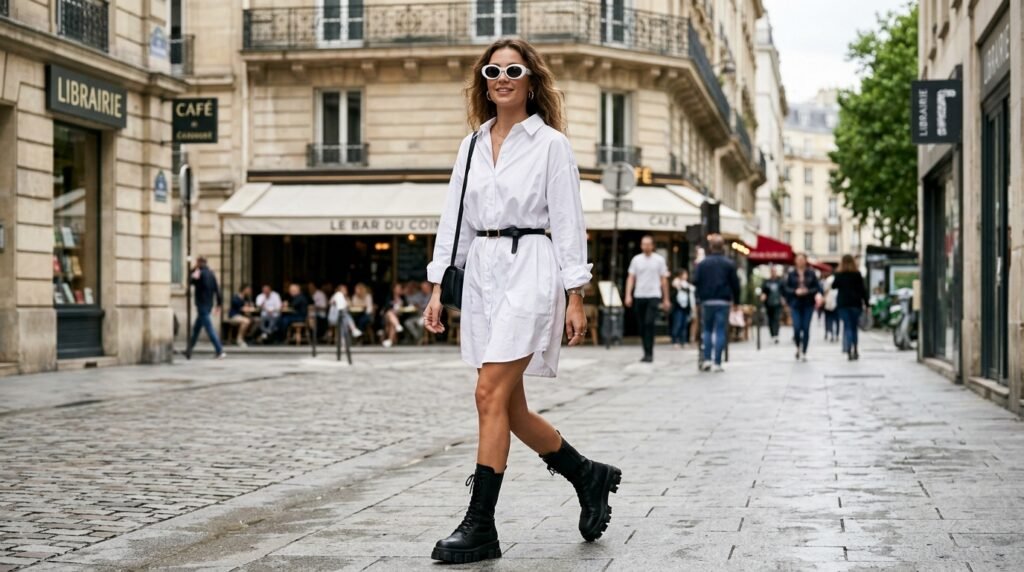 Model wearing an oversized white shirt dress with black lug-sole boots as an easy ghost outfit.