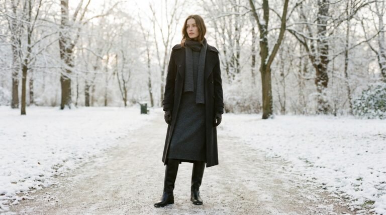 Winter outfit of the day with knee-high boots and long wool coat