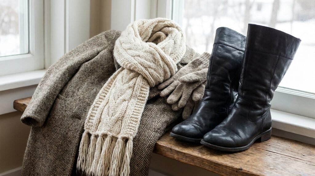 Winter coats scarves and textures with knee-high boots