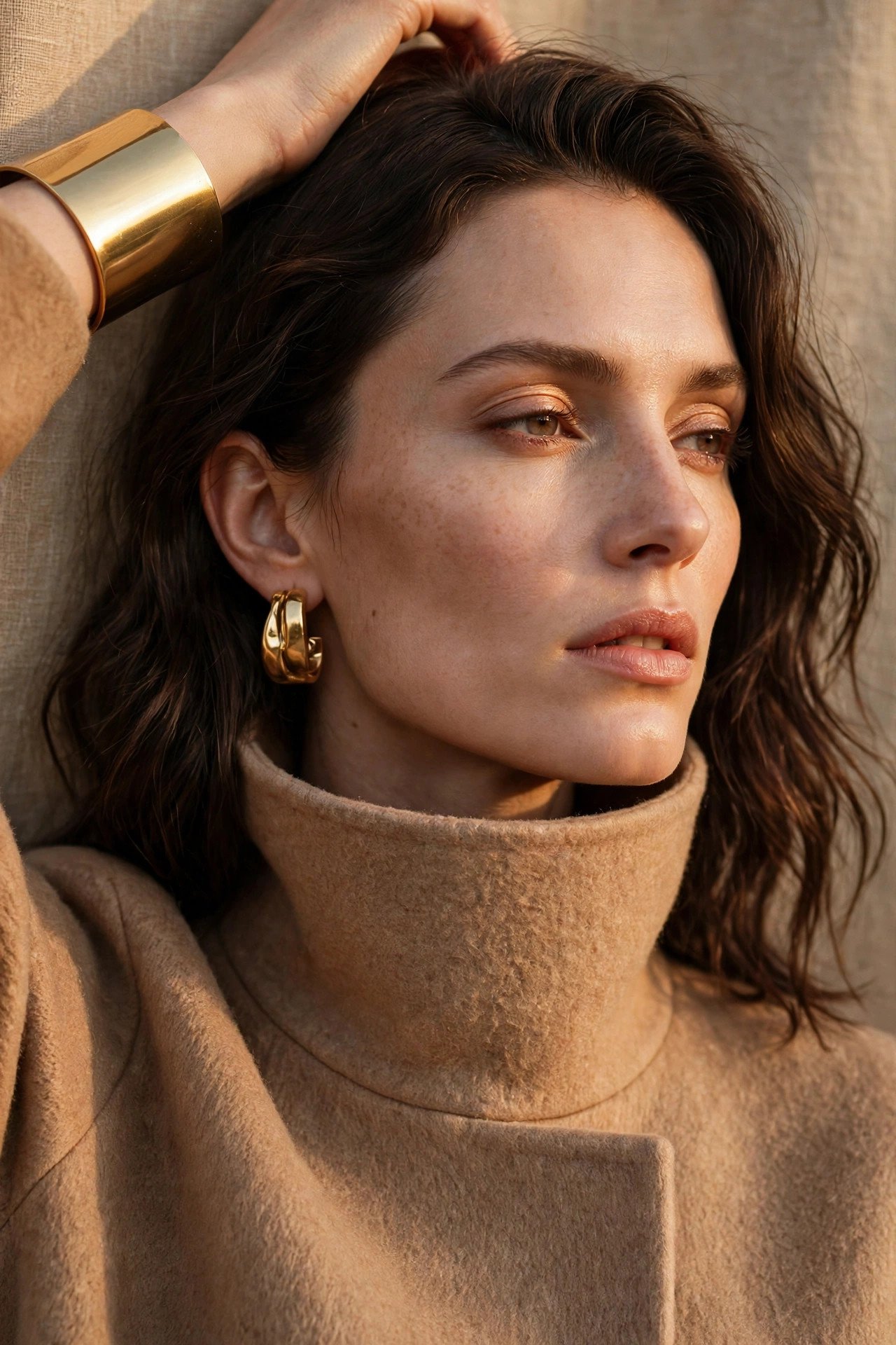 Funnel-neck coat and chunky gold balance