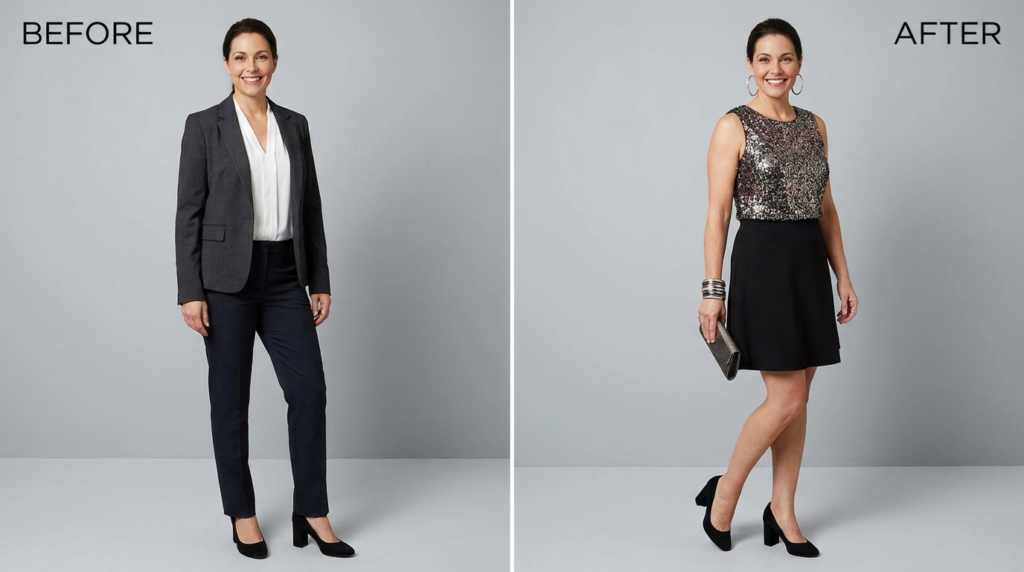 Desk to dance floor outfit transition with same shoes